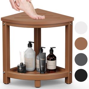 Shower Stool for Inside Shower, Corner Shower Bench Seat, HDPE Waterproof Shower Stool for Shaving Legs with Baffle Storage Shelf, Shower Seat/Foot Rest for Bathroom, Indoor/Outdoor Use, Teak