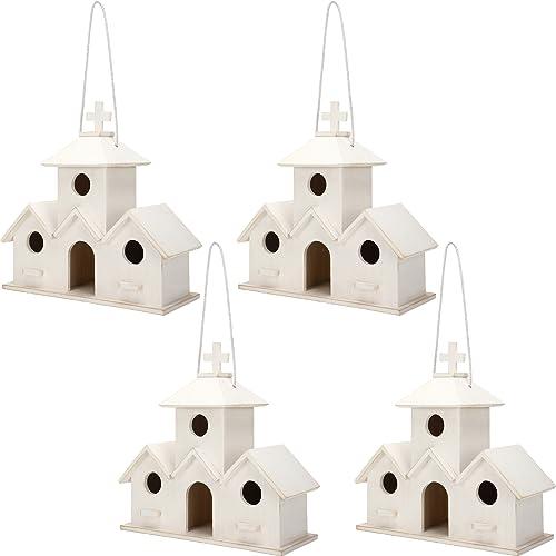 Soaoo 4 Pcs Christmas Wooden Bird House for Outside Hanging Bird House with Hole Large Bird House Natural Wooden Bird Hut for Bluebird Finch Wren Cardinals for Garden Patio Decor (Elegant Style)