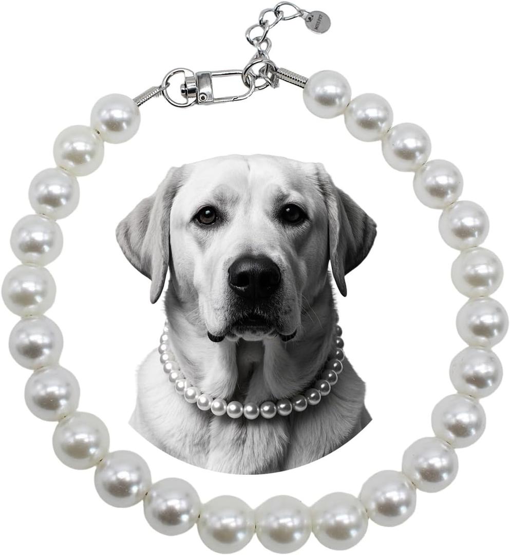 Big Pearl Beaded Dog Collar with Strong Steel Wire Rope, Female Pearl Collars for Large Breed Dogs, White Necklace with Adjustable Chain for Girl Pet, Wedding Jewelry Accessories (15.7"-17.7"(Inner Circumference))