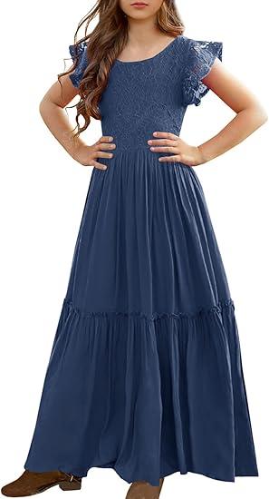 MITILLY Girls Lace Flower Ruffle Sleeve A-Line Swing Wedding Party Maxi Dress with Pockets, Size: 10 Years
