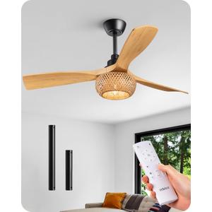 EDISHINE 52 Boho Ceiling Fans with Lights, Wickerwork Cage, Timer & Remote Control, 6 Speeds, Indoor Noiseless Rattan Lighting & Ceiling Fans for Living Room, Bedroom, Dining Room