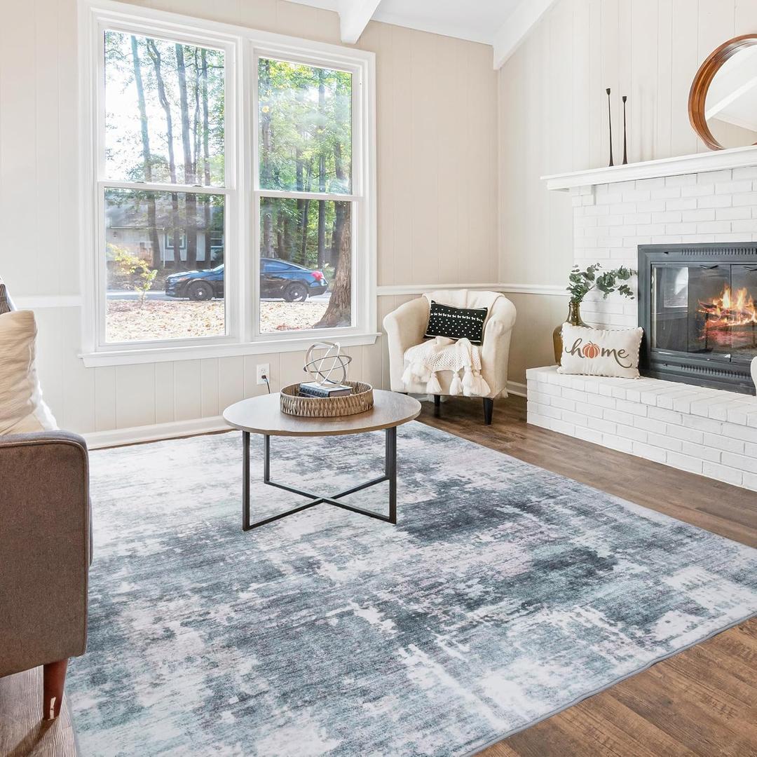 Washable Abstract Area Rug 8x10 - Modern Style for Living Room, Bedroom, Kitchen - Machine Washable Rug for Living Room - Non Shedding and Non Slip - Low Pile Carpet 8x10 Beige/Grey/Black