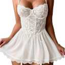 Babydoll Lingerie for Women Lace Up Mesh Chemise Nightgown with Garter Belt, White