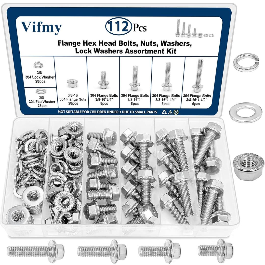 3/8-16 Bolt x (Length 3/4", 1", 1-1/4", 1-1/2") 304 Stainless Steel Flange Head Bolts Assortment Kit (112 Pack) with 3/8 16 Bolt, Serrated Flange Nuts, Washers, Full Thread