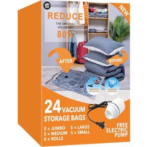 GONGSHI Vacuum Seal Bags for Clothing, Travel & Home Storage, Travel Vacuum Bags with Pump, Space Saver for Blankets, Comforters, Pillows, Clothes, 24 Combo with Electric Pump