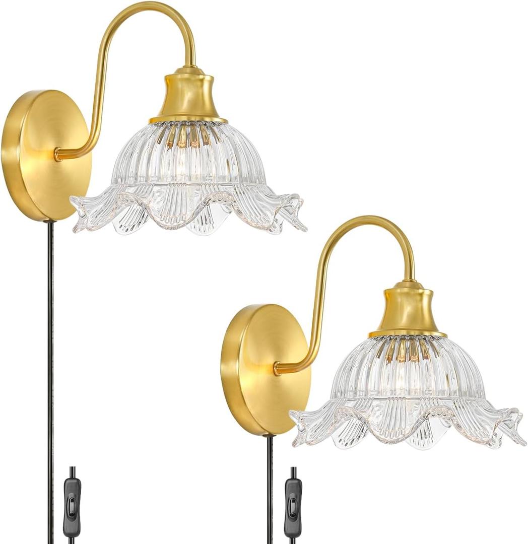 Brushed Gold Plug in Wall Sconce Set of 2, Vintage Plug in Sconce with 7.9 in Clear Glass Shade, Modern Wall Light for Bedroom, side of bed, Hallway, Home Decor, 6.23 FT Adjustable Cord, E26 Base