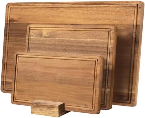 KOLWOVEN Wood Cutting Boards for Kitchen - Set of 3, Wooden Cutting Board Set with Holder for Chopping Meat, Cheese, Fruits, Vegetables, Knife Friendly Serving Tray