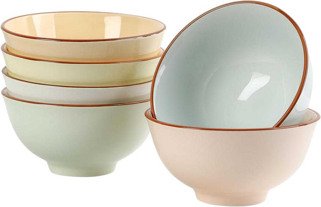 Ceramic Cereal Bowl Set of 6 - Porcelain Soup Bowls with Candy Hue - 6.25 Inch Ideal for Salad, Oatmeal, Ramen, Noodle - Microwave and Dishwasher Safe - 23 OZ