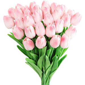 Kisflower 30Pcs Latex Tulips Real Touch Pink Artificial Flowers Fake Tulips Arrangement Bouquet for Home Office Wedding Decor (Pink)
