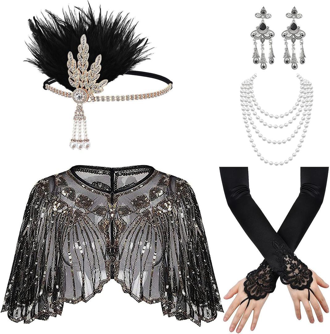 SAISI 1920s Flapper Gatsby Accessories Roaring 20's Accessories with Flapper Shawl Headband Vintage Design for Women