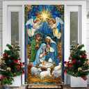 2 x Merry Christmas Door Cover 71x35 Inch Front Porch Door Banners Decoration Winter Nativity Scene Angels Baby Jesus Lambs Religious Christmas Style for Sign Party Decor