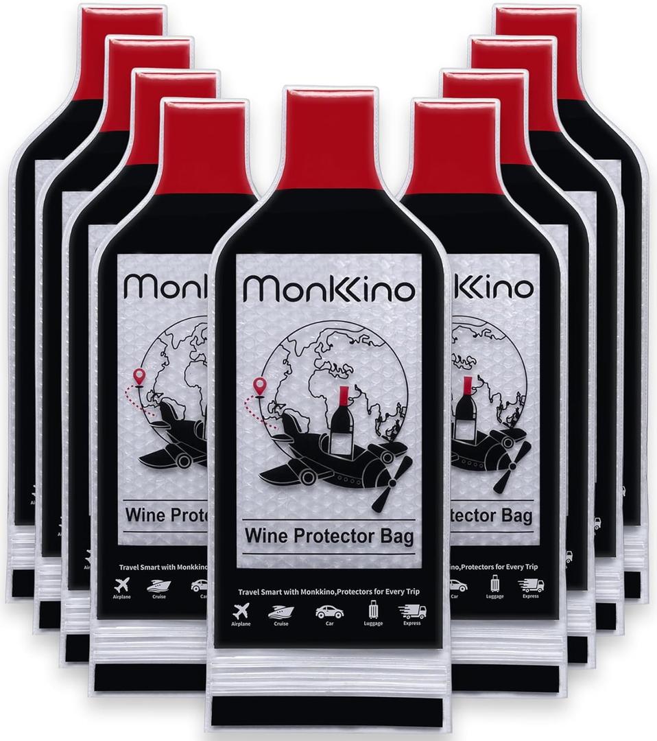 (All-Around Protection) 9 PACK Reusable Wine Bottle Travel Protector Bags, Leakproof Wine Sleeves for Suitcase, Airplane, Safe and Durable Bubble Wrap