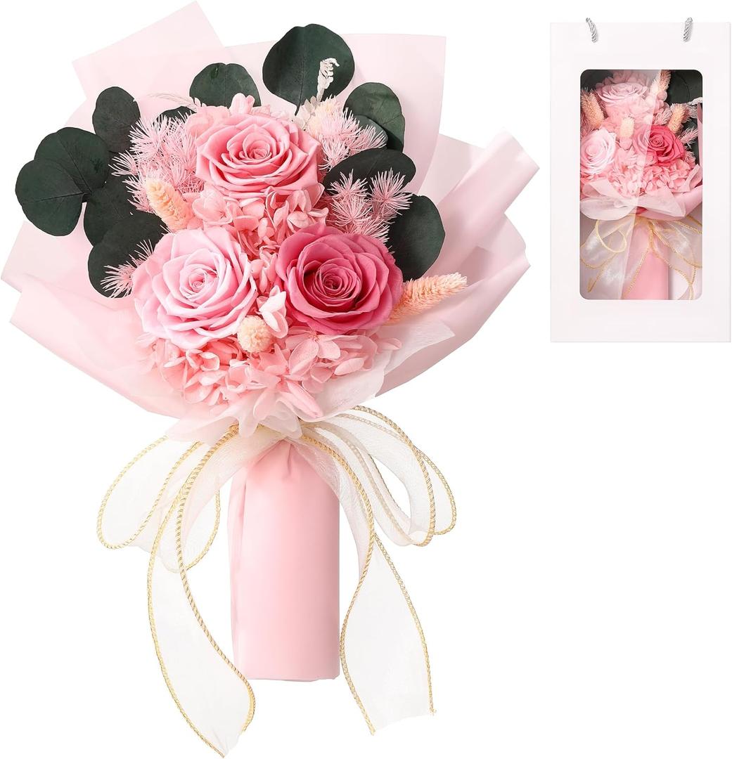 Preserved Flowers Bouquet Gifts for Women, Birthday Gifts for Her, Flower Bouquet Preserved Flower Roses Gifts for Mom Wife Mothers Day Anniversary Chrismas.Pink Purple