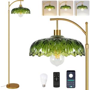 Gold Floor Lamp for Living Room,Bedroom,Mid Century Modern Standing Lamp with Remote,Dimmable Brass Tall Lamp Green Glass Lamp Shade Vintage Retro Arc Floor Lamps Floor Light Boho Bohemian