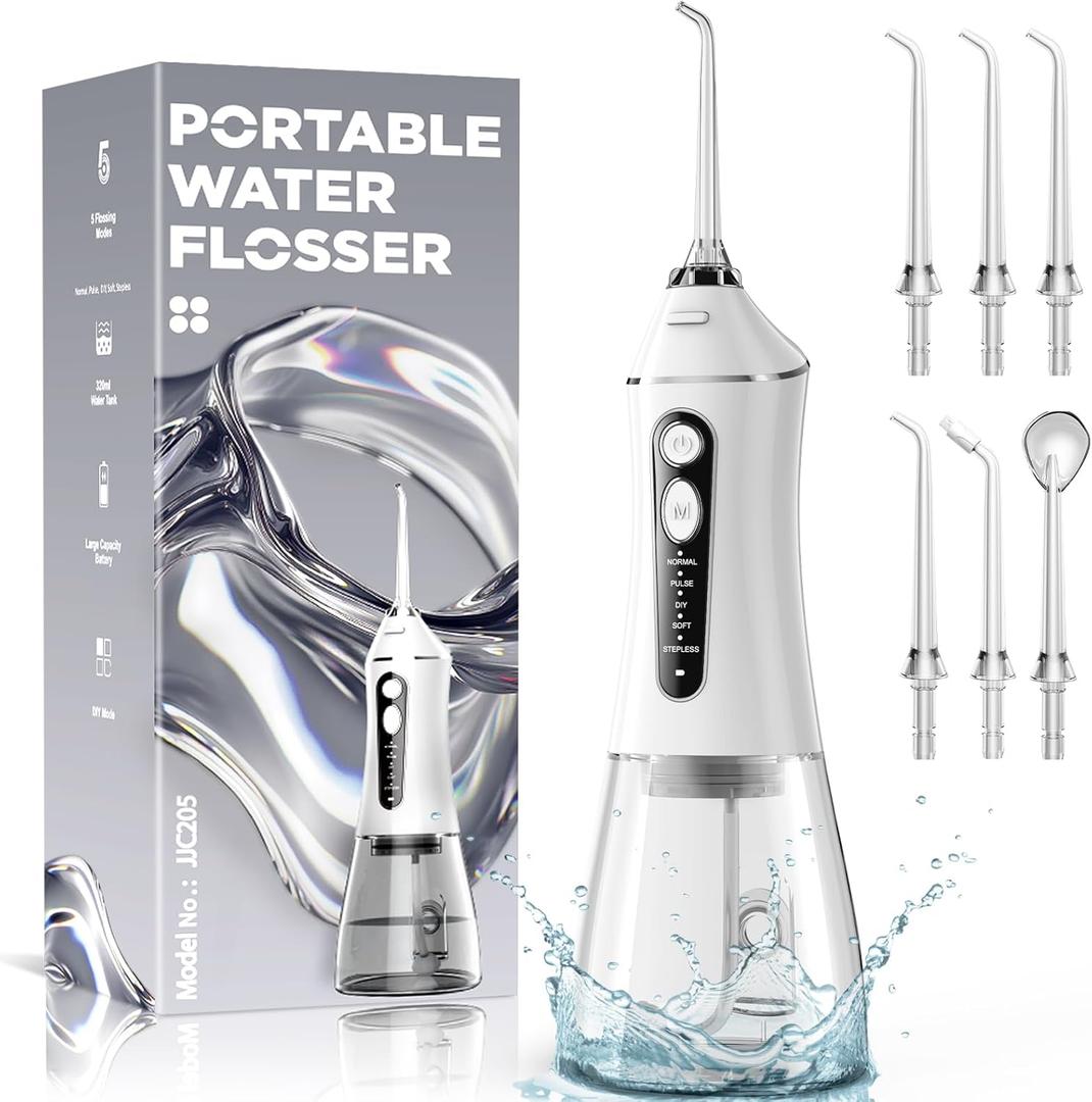 Water Flosser for Teeth Cleaning and Flossing, 5 Modes Rechargeable Cordless Oral Irrigator 320ml Water Tank Teeth Cleaner, IPX7 Waterproof Portable Electric Dentel Flossers for Home and Travel, White