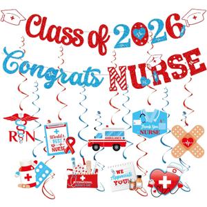 Nurse Graduation Party Decorations 2026, Nurse Week Glitter Banner Red and Blue Foil Swirl Streamers, Medical RN Themed Party Decor for Nursing School Graduation Supplies
