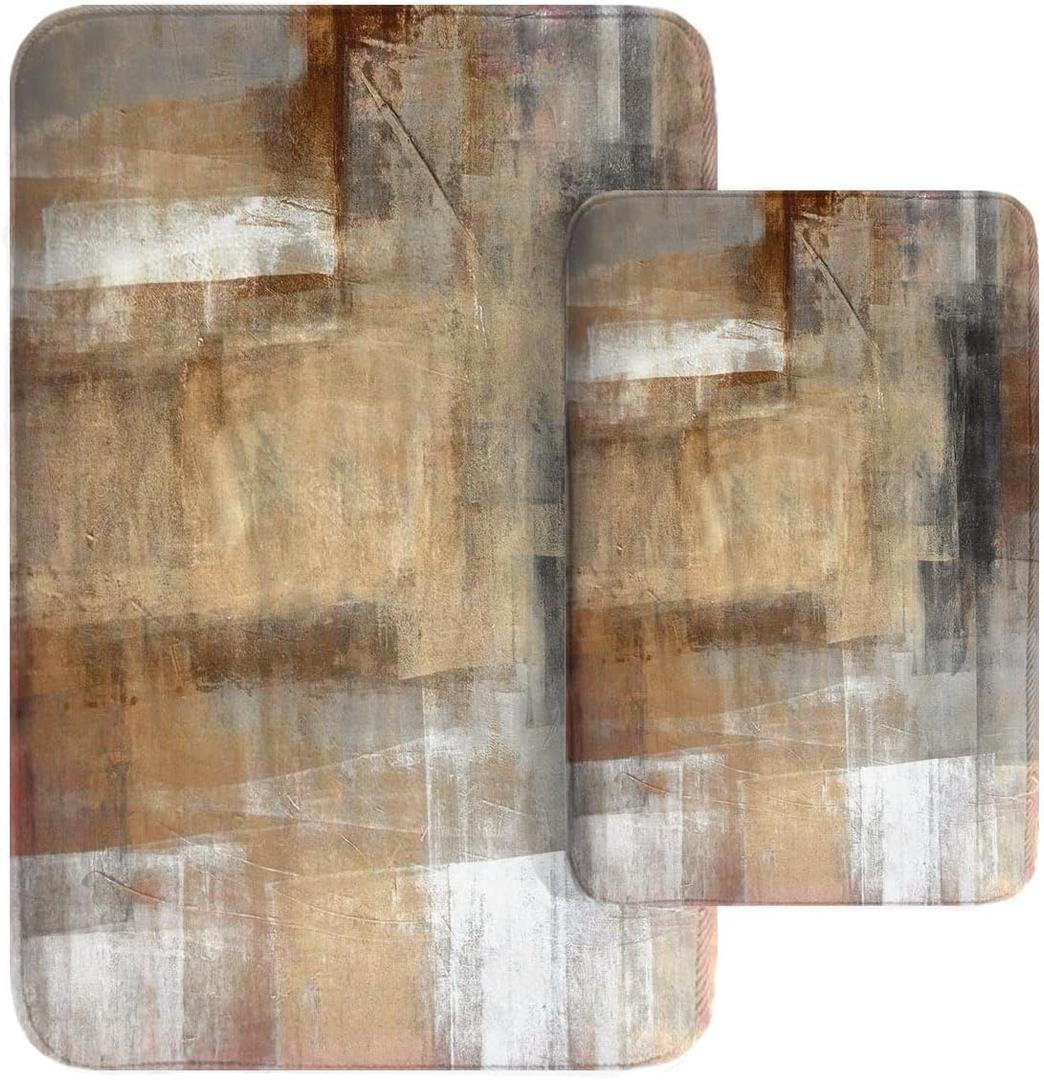 Britimes Modern Abstract Art Bathroom Rug Mat Set of 2, Brown and Gray Washable Cover Floor Rug Carpets Floor Bath Mat Bathroom Decorations 16x24 and 20x32 Inches
