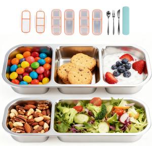 4 Pack Stainless Steel Snack Containers with Lids, Leak-Resistant Lunch Boxes Set with Cutlery 2 x 2-Compartment & 2 x 3-Compartment, Reusable for Snacks, Lunch, Picnic & Hiking