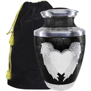 M MEILINXU Cremation Urns for Human Ashes Adult Man or Women, Funeral Urn for Ashes Adult Male or Female, Decorative Urns or Burial, Silver Angel Wings and Heart-Shaped, Black and Silvery - Large