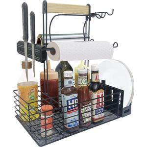 Grill Caddy,BBQ Condiment Organizer for Outdoor, Camping Tailgating Picnic Kitchen Storage Caddy Kitchen Organizer for Camper Magnetic Tool Holder with Paper Towel Holder with Handle Portable