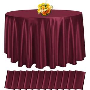 fani 12 Pack 120 Inch Burgundy Satin Tablecloth - Premium Bright Silky Round Tablecloth Overlay Smooth Fabric Table Cover, Table Decoration for Wedding Party Banquet Events Restaurant Kitchen Dining