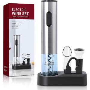 Liuzouwin5-in-1 ElectricWine Bottle Opener Set Battery Operated Reusable Corkscrew with Storage Base, Foil Cutter, Wine Pour& Wine Stopper (Silver)
