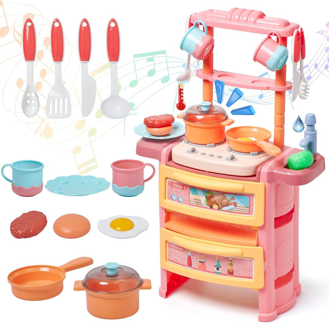 Prextex Plastic Pretend Girls Play Kitchen Set - Multi-Color Kitchen Playset with Dishwasher and Oven - Stove with Lights and Sounds - Working Faucet with Water Circulation
