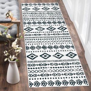 Lahome Boho Moroccan Washable Runner Rug, 2x5 Low-Pile Soft Bathroom Runner Rug Non Slip Rubber Backed, Farmhouse Geometric Print Runners for Hallways Indoor Carpet for Laundry Kitchen (White/Black)