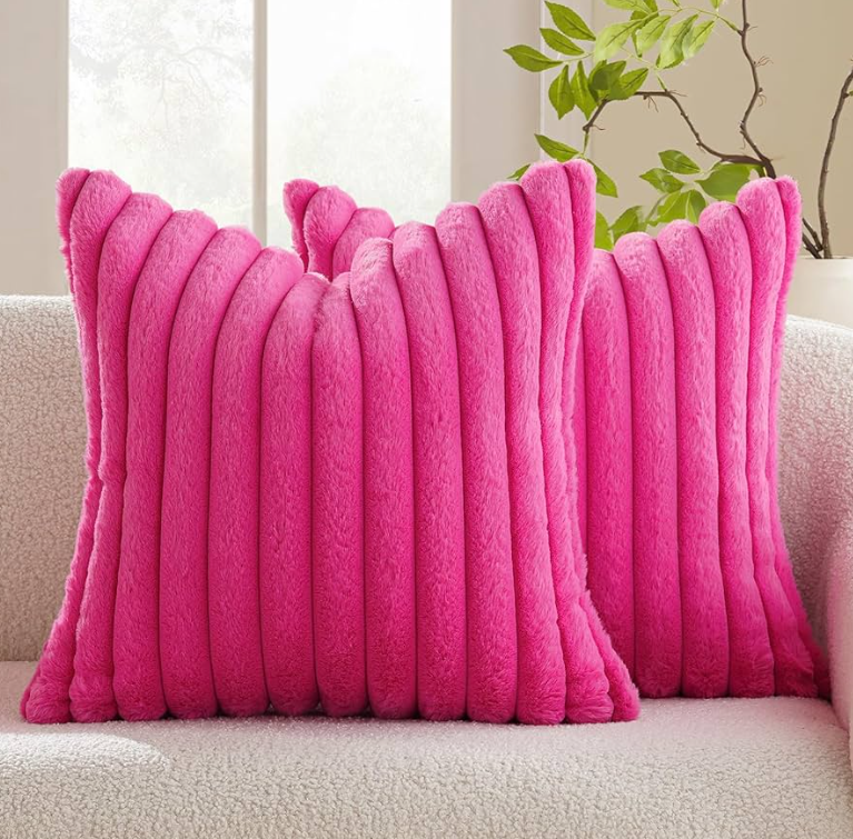MIULEE Hot Pink Throw Pillow Covers 20x20 Inch Set of 2 Fuzzy Striped Soft Pillowcase with Velvet Back Faux Rabbit Fur Cushion Covers Decorative Home Decor for Couch Sofa Bedroom Livingroom