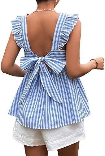 Floerns Women's Striped Print Boat Neck Tie Back Sleeveless Maternity Peplum Blouse Tops, XL, Blue and White
