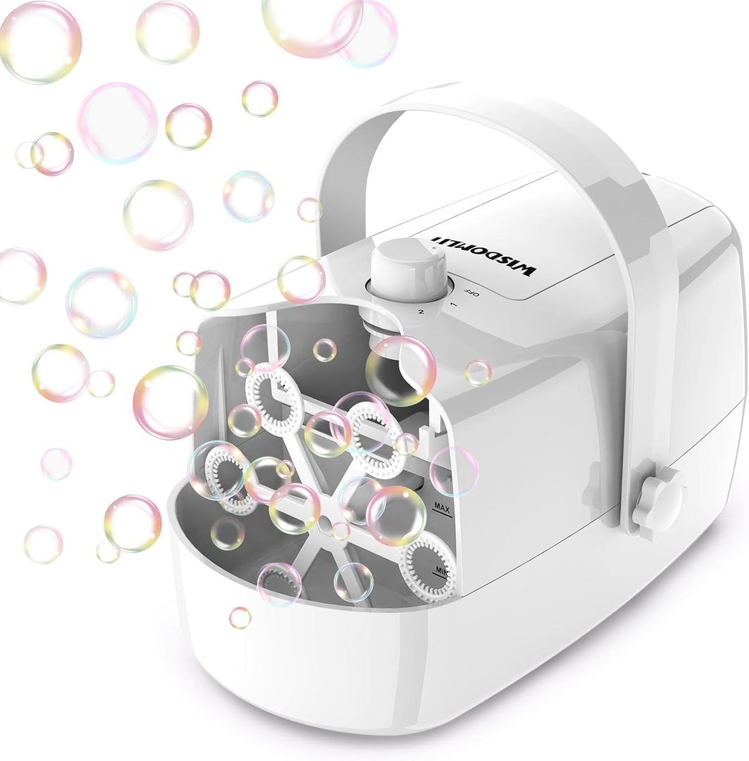 Bubble Machine, 3-in-1 Bubble Maker, Automatic Bubble Blower with 3 Bubble Wands, 8000+ Colorful Bubbles for Kids Toddlers, Operated by Plug-in or Batteries for Indoor Outdoor Birthday Party (Milk-white)