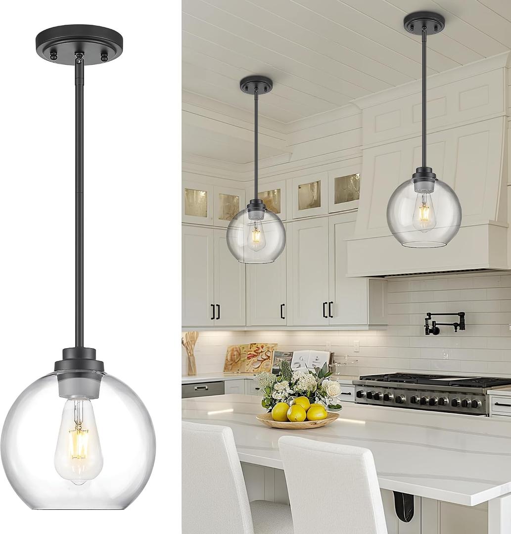 Black Pendant Lights Kitchen Island, 8" Pendant Light Fixtures with Globe Clear Glass Shade, Modern Kitchen Island Lighting, AD-22280-1PL-BK