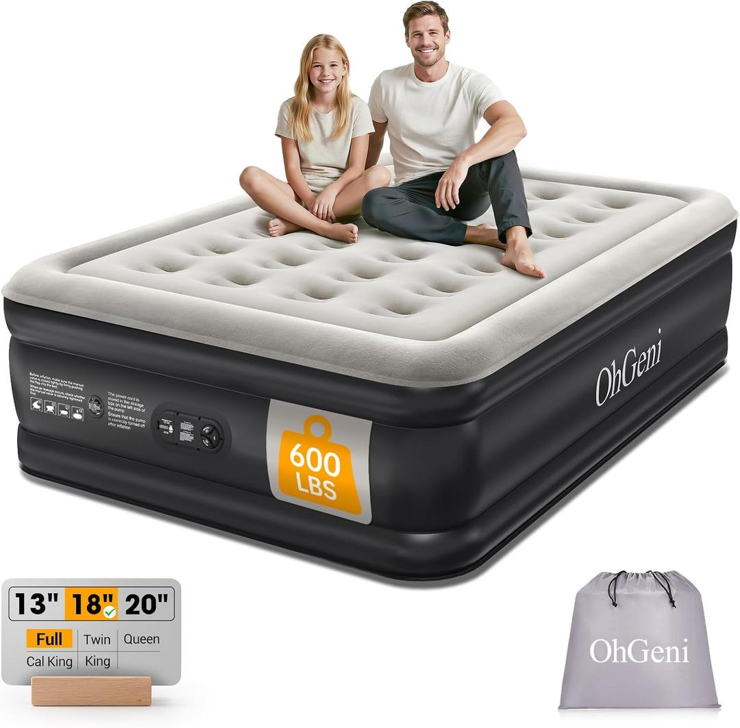 OhGeni Air Mattress Full with Built in Pump, 18" Raised Inflatable Blow up Mattress, Family Choice Award Winner, Portable Foldable Bed with Upgraded Surface for Home & Camping, 600 lbs