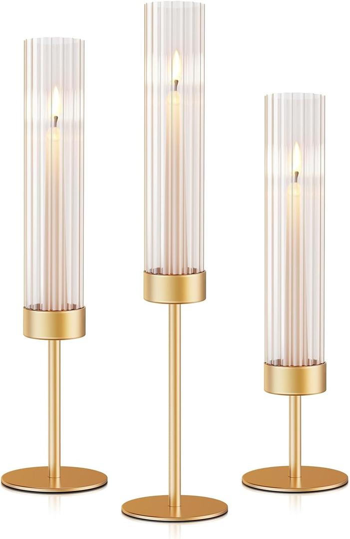 Gold Hurricane Candle Holders: Fluted Tall Candlestick Holders for Wedding Brass Taper Candle Holder Modern Candle Sticks Holder Decor for Table Centerpiece Christmas Party Home Set of 3
