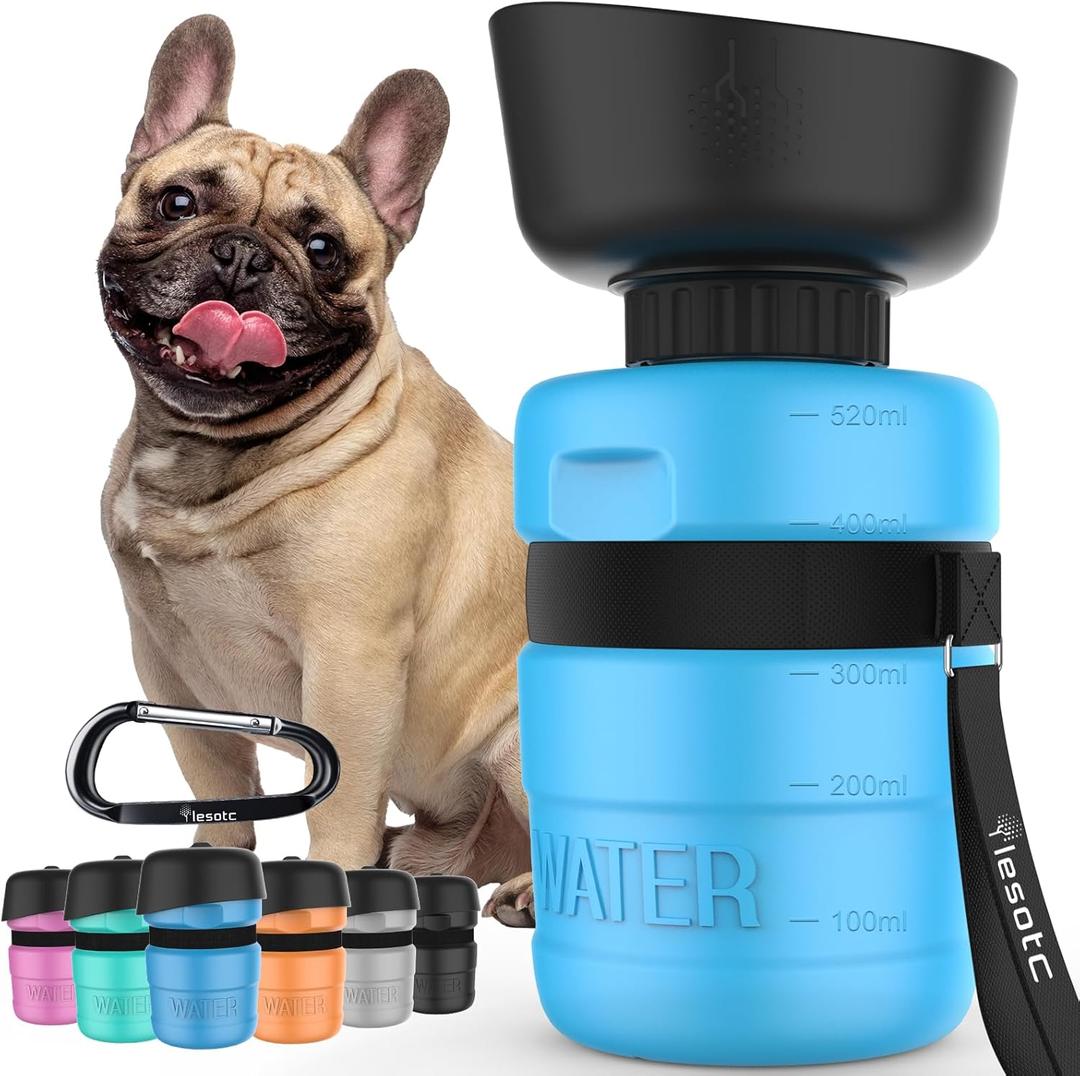 lesotc Dog Water Bottle, Portable Water Dispenser with Bowl, Leak Proof Pet Travel Squeeze Bottle, Puppy Essentials Dog Stuff Accessories for Outdoor Walking, Hiking, Camping (18 Ounces, Blue)