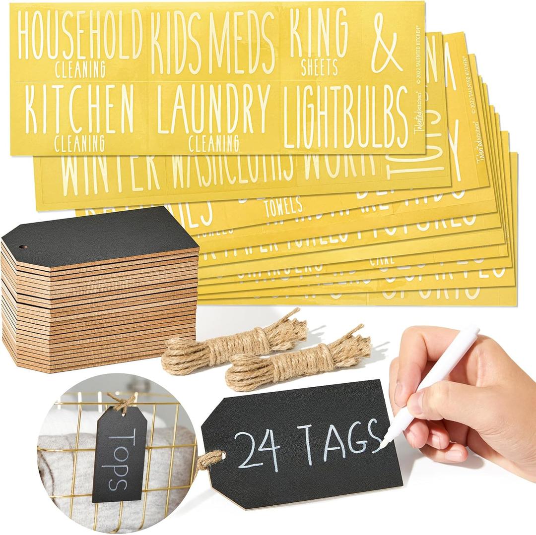 24 Pack Black Chalkboard Wooden Hanging Tags, 4.33x2.5 Inches, Includes, Hanging Labels for Kitchen, Laundry & Bathroom