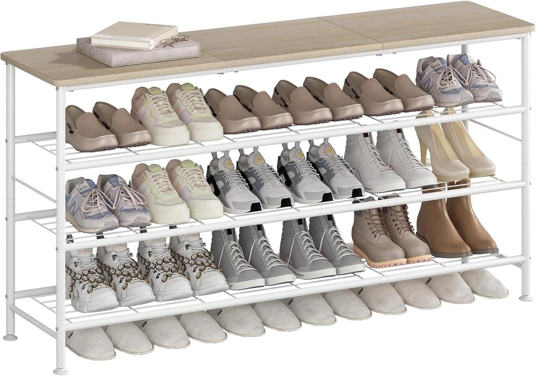 SUOERNUO Shoe Rack Organizer 4 Tier for Closet Entryway Free Standing Metal Storage Shoe Shelf with MDF Top Board (White+Oak, Large 4 Tier)