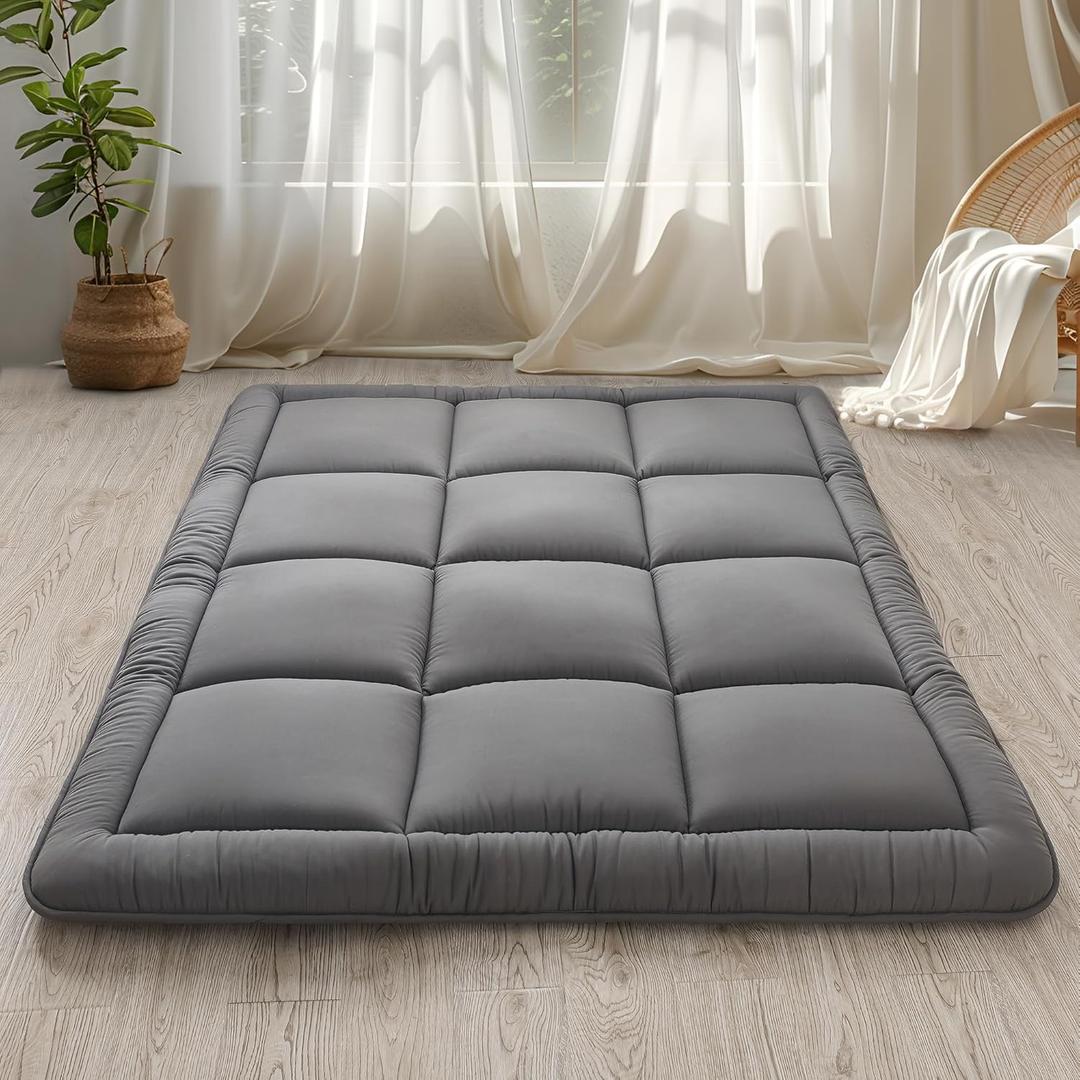 WhatsBedding Japanese Floor Mattress Futon Mattress 3" Grey Tatami Mat Shredded Memory Foam Filled Sleeping Pad, Foldable & Portable Roll Up Lounger Camping Bed for Kids and Adult,Queen Size 60"x 80"