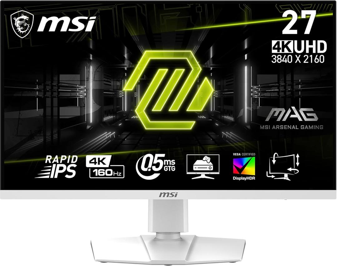 MSI MAG 274URFW 27-inch 4K Gaming Monitor, 3840 x 2160 (UHD), 0.5ms Response Time, 160Hz, HDR 400, HDMI, DP Port, Tilt and Height Adjustable