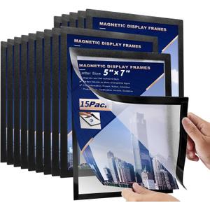 15 Pcs Magnetic Signs Holder, for 5" x 7" Letter, Sturdy PVC Magnetic Document Holder, Magnetic Picture Poster Frame, Can Self-Adhesive Wall/Door/Window or Magnetic for Refrigerator (black)