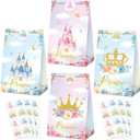 Nezyo 32 pcs Princess Prince Favor Bags Princess Crown Castle Party Bags include 4 Style Sticker Handles Candy Goodie for Gender Reveal Bridal Shower Wedding Supplies