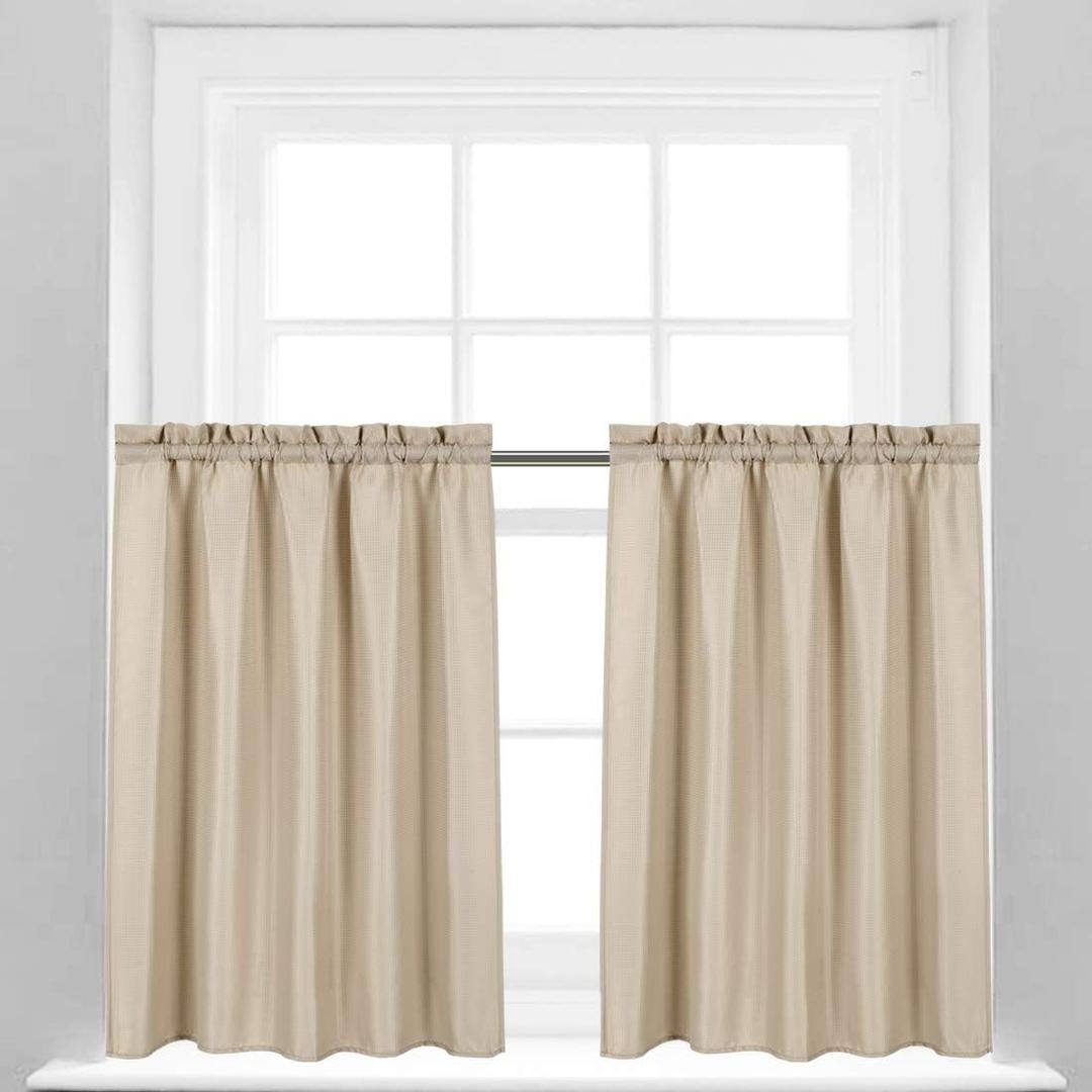 Valea Home Waffle Weave Textured Bathroom Window Curtains Water Repellent Short Curtains Window Covering Half Window Curtains Kitchen Tiers, Taupe, 36 x 36 inches, Set of 2