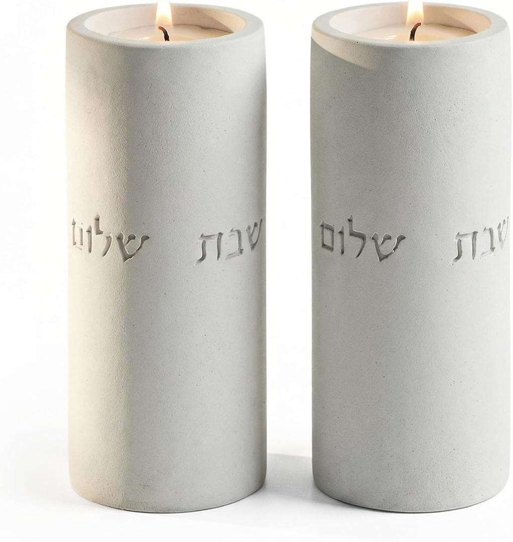 SURI Shabbat Candle Holders Set Modern Judaica Gift and Jewish Holidays Concrete Dripless Candle Holders, Short & Tall Minimalist Jewish Home Decor Shabbos Candles Holders for Tea Lights