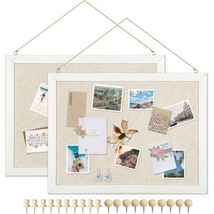 DOLLAR BOSS Bulletin Boards with Linen 2-Pack 16''X 12'' Cork Board for Walls Wood Framed Bulletin Boards, Small Pin Board for Home Kitchen Office Decorative Hanging 20 Pushpins (White)