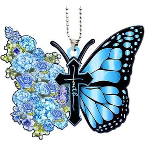 Butterfly Car Rearview Mirror Accessories, Acrylic Hanging Car Rear View Mirror Charm, Lovely Flower Car Ornament Pendant for Home Decoration Keepsake Christmas Valentine's Day Present (Blue)