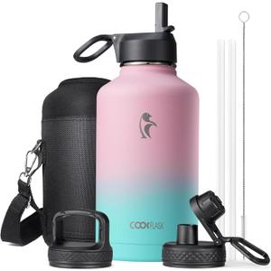 Water Bottle Insulated 64 oz with Straw & 3 Lids, Coolflask Half Gallon Water Jug Large Metal Stainless Steel Wide Mouth, Non-BPA Keep Cold 48H Hot 24H, Bubblegum Princess