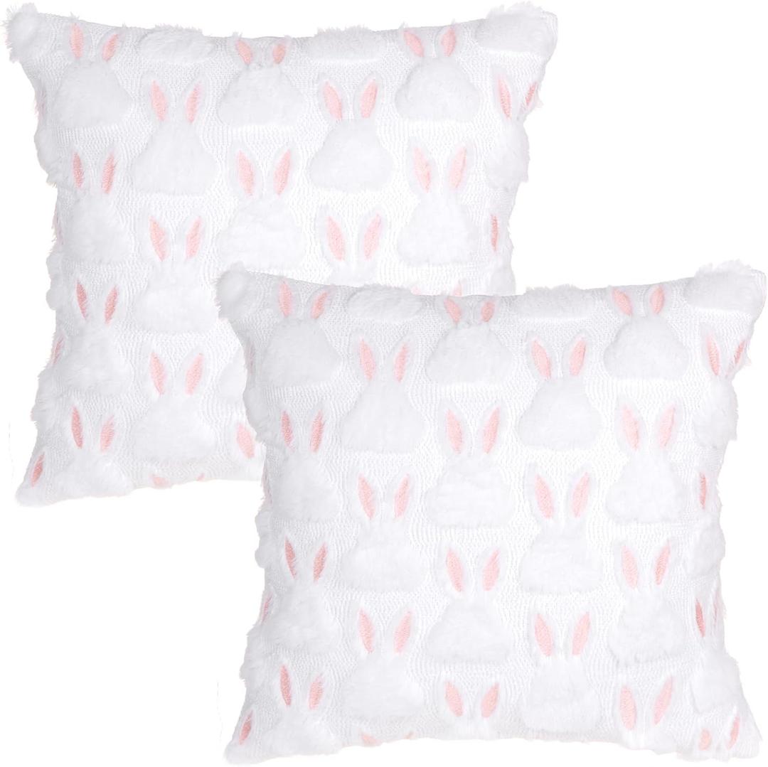 Pistha Easter Pillow Covers 18x18 inch Set of 2, Soft Pink Rabbit Ears Throw Pillow Covers for Easter Home Sofa Bed Decor