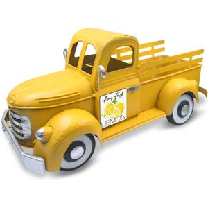 Farmhouse Lemon Decor 13.4 Inch Large Vintage Truck with 20 Magnets Interchangeable Seasonal Decor Rustic Metal Pickup Spring Summer Lemon Centerpieces for Tables Home Lemonade Party, Yellow
