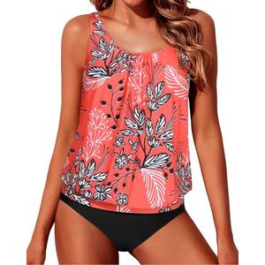 Yonique Two Piece Blouson Tankini Swimsuits for Women Modest Bathing Suits Loose Fit Swimwear Red Floral Large