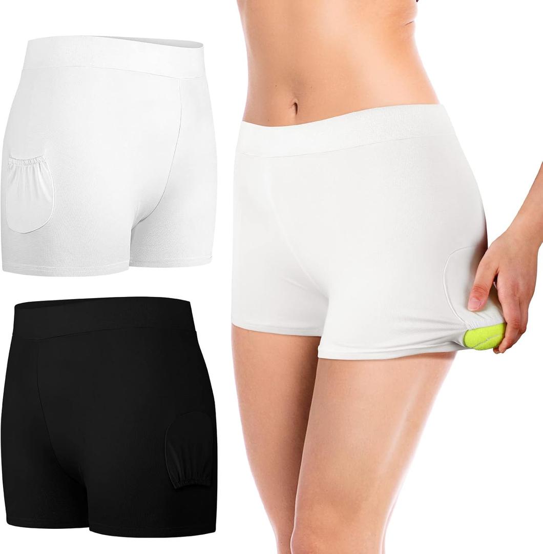 2 Pieces Tennis Under Shorts with Ball Pockets Yoga Workout Women's Shorts Black White for Women Tummy Under